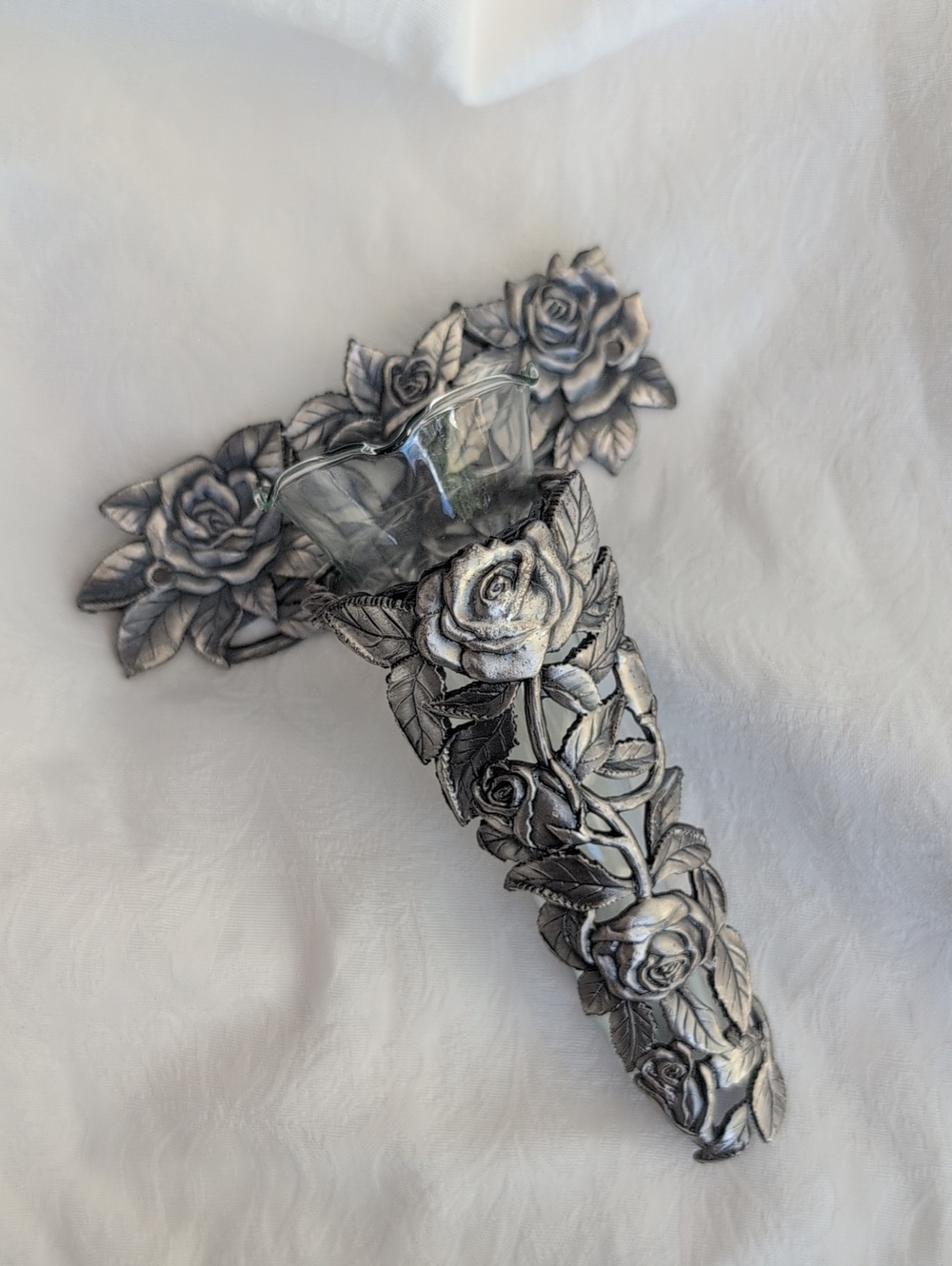 Metzke Pewter Floral Rose Bud Vase With Glass Insert Whimsical Cottagecore